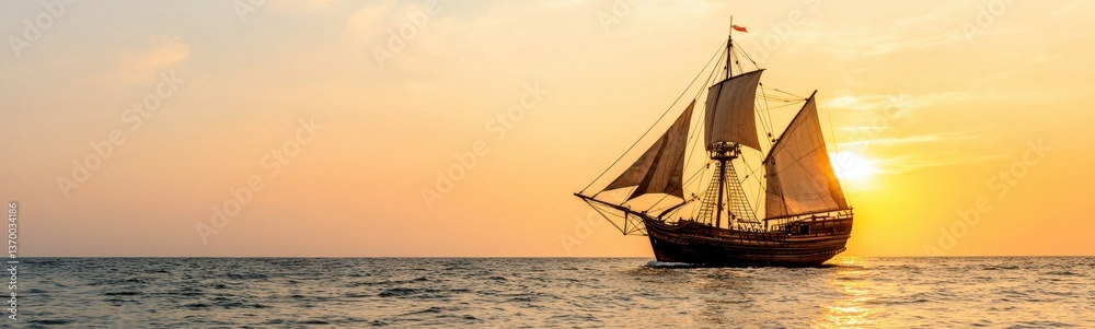 Sunset Sailing Ship on Calm Waters with Colorful Sky Horizon Sunset Sailing Ship on Calm Waters with Colorful Sky Horizon