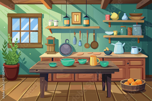 vector of wooden rustic kitchen table. minimalistic interior, utencils on the table
