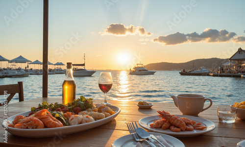 Sun-kissed Seaside Dining, Fresh Seafood Platter, Oceanfront Table An elegant seaside dining experience with a fresh seafood platter on the table, the ocean
