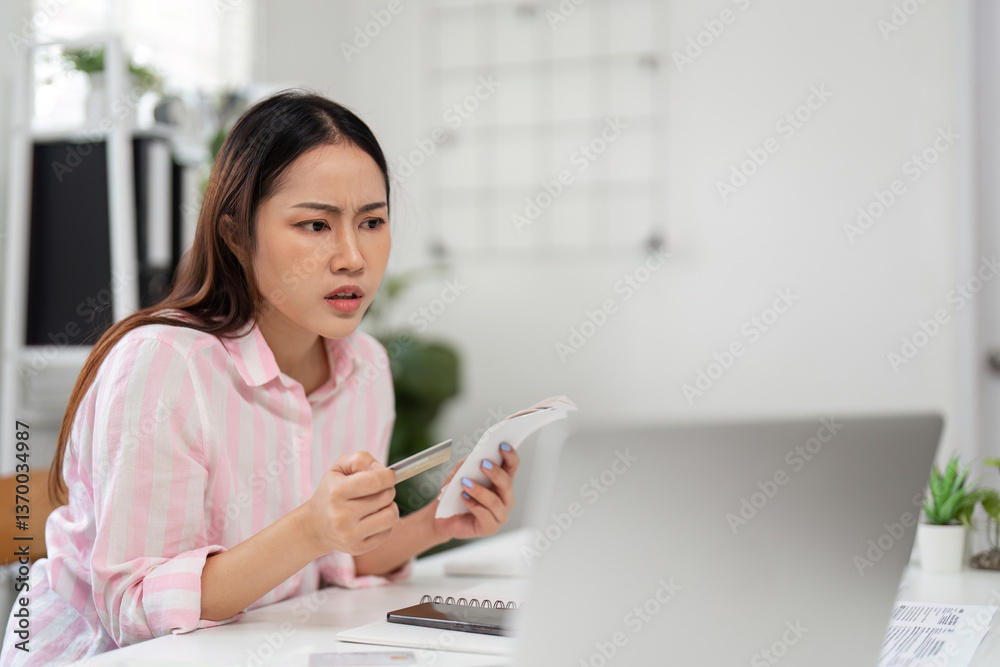 Digital Payment Challenges and Anxiety. A woman struggles to understand her online payments. Digital Payment Challenges and Anxiety. A woman struggles to understand her online payments.