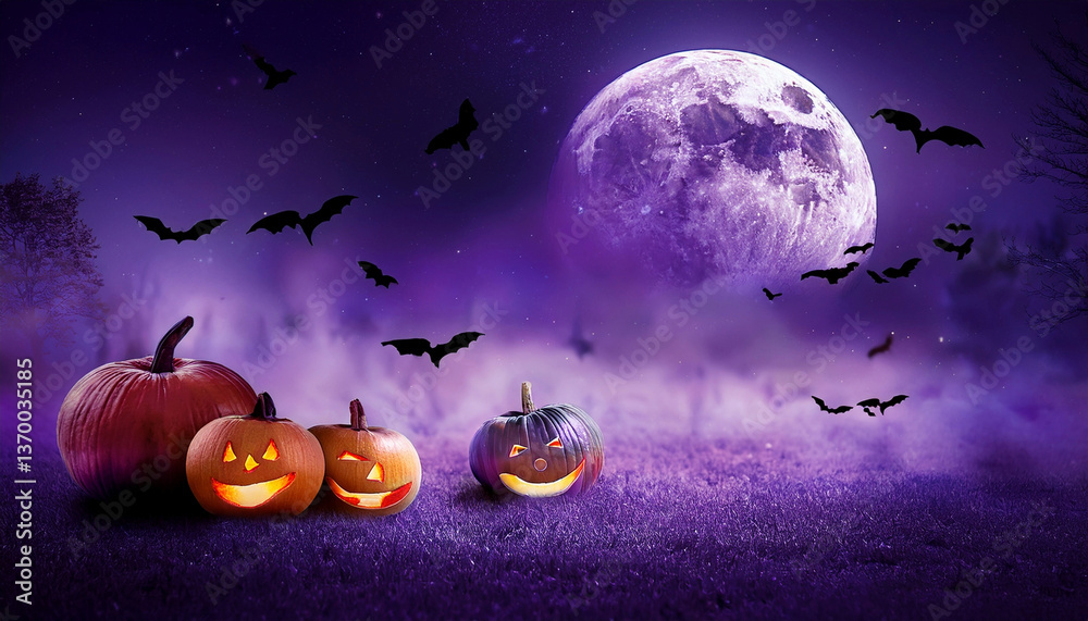 Fototapeta premium A spooky halloween theme background with pumpkins, bats, fog and a big fullmoon shining bright