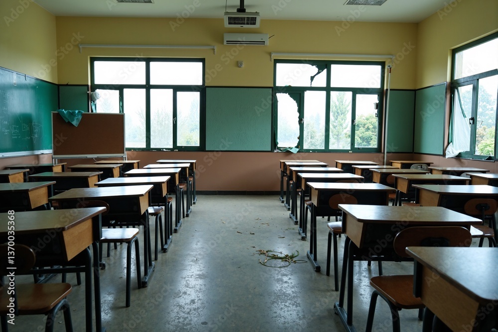 empty old classroom awaits the return of students, with rows of arranged desks and chairs bathed in natural light streaming through the windows, symbolizing the potential for learning empty old classroom awaits the return of students, with rows of arranged desks and chairs bathed in natural light streaming through the windows, symbolizing the potential for learning