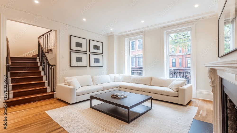 Fototapeta premium Modern Living Room Interior with Bright Natural Light and Cozy Design