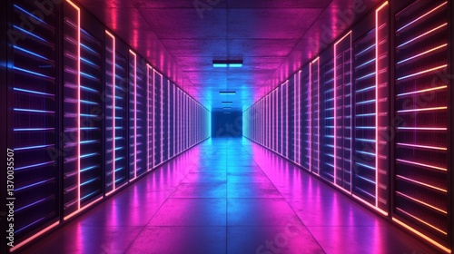Illuminated server corridor in vibrant colors showcasing modern technology and design