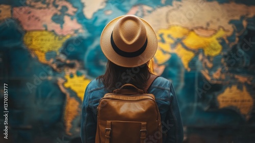 Obraz na płótnie Travel enthusiast gazes at world map contemplating adventure and exploration possibilities in a warm, inviting space w salonie