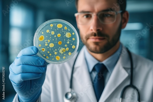 Scientist with Petri Dish: A focused scientist, donned in a lab coat and gloves, meticulously examines a petri dish, analyzing its contents with a dedicated expression.