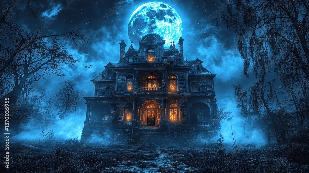 Obraz premium Mysterious Haunted House Under Full Moon with Eerie Atmosphere
