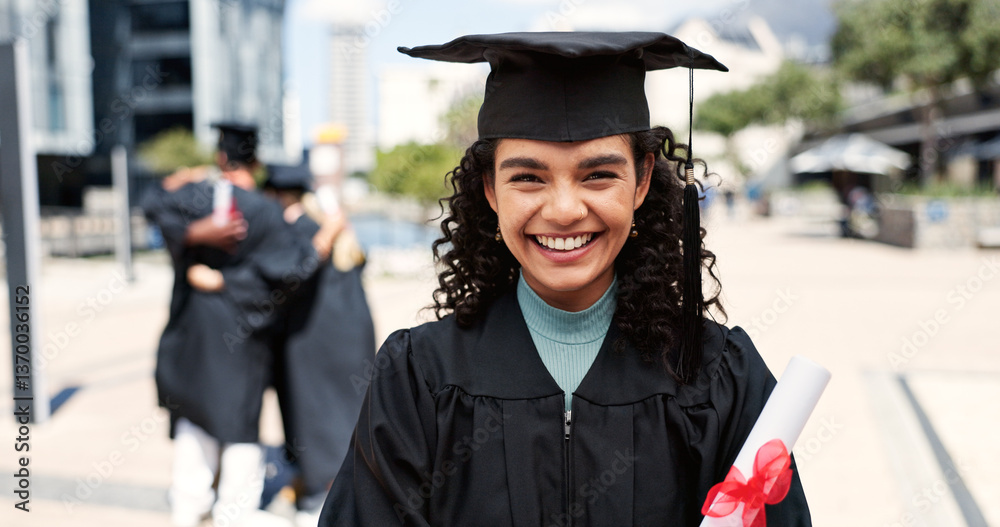 Certified, woman or graduate with smile at university for education, opportunity or portrait. School, graduation success or happy student at campus with scholarship, award and college achievement