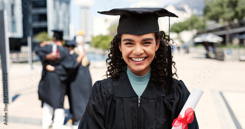 Obraz na płótnie Certified, woman or graduate with smile at university for education, opportunity or portrait. School, graduation success or happy student at campus with scholarship, award and college achievement w salonie