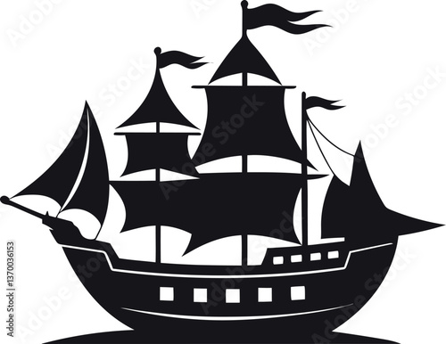 Ship silhouette vector illustration with sailboat on ocean waves 