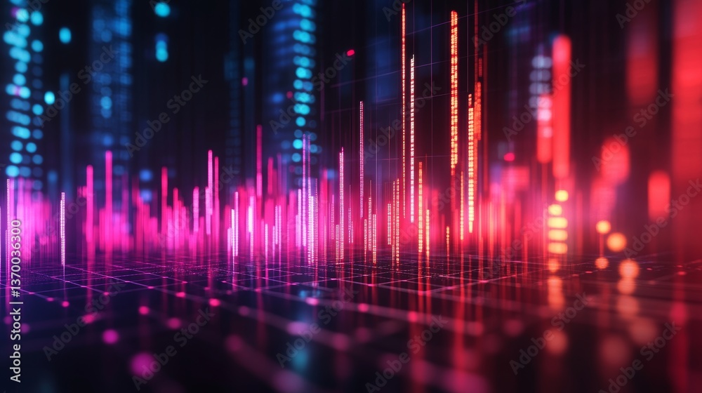 Vibrant digital sound wave visualization showcasing data patterns in a futuristic setting Vibrant digital sound wave visualization showcasing data patterns in a futuristic setting