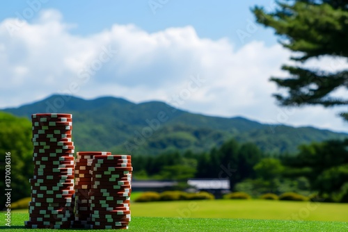 Stacks of gambling chips on grass with mountain view backdrop