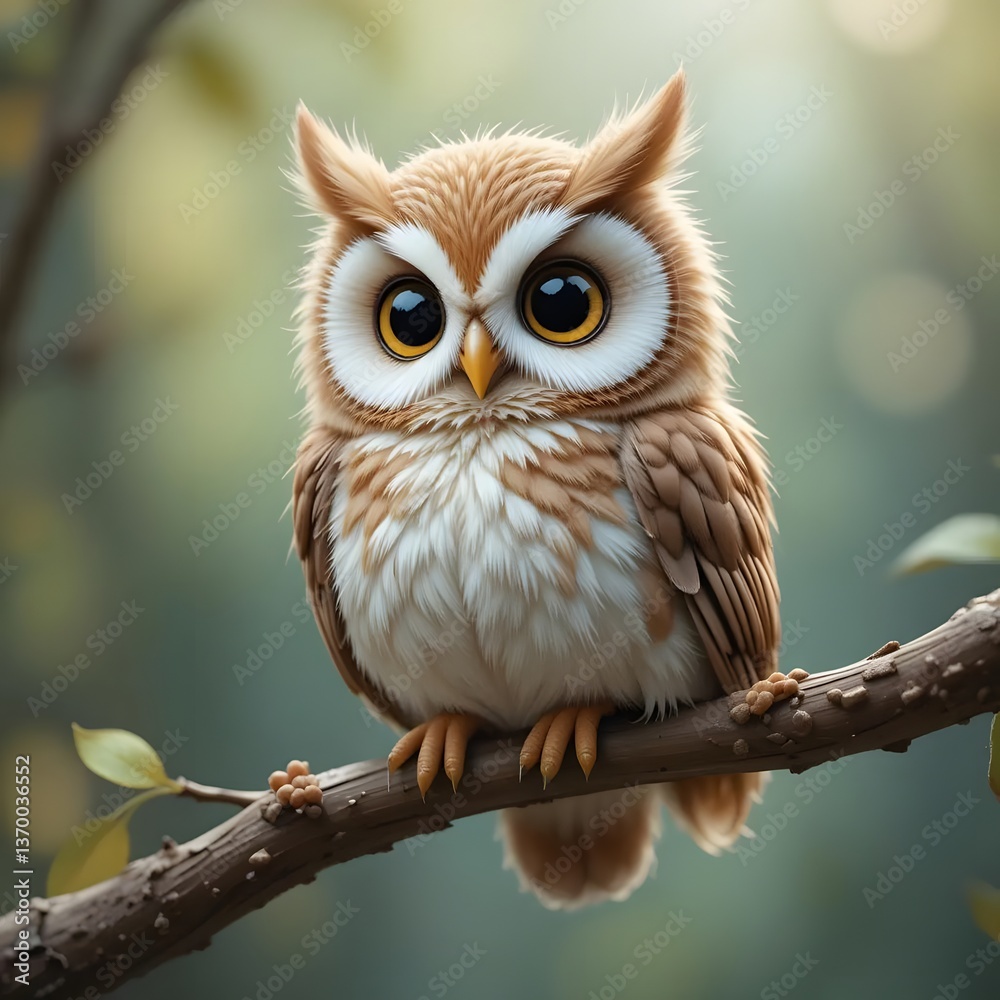 Naklejka premium Owl Perching on Branch Looking at Camera in Dreamy Forest