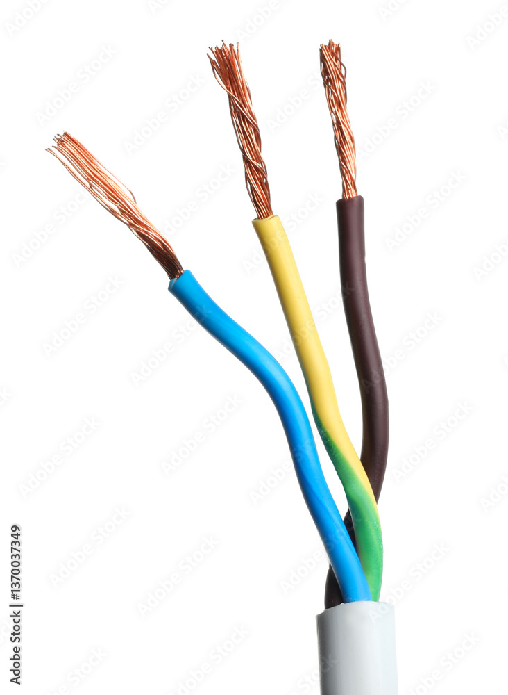 Stripped electrical wire with copper strands isolated on white Stripped electrical wire with copper strands isolated on white