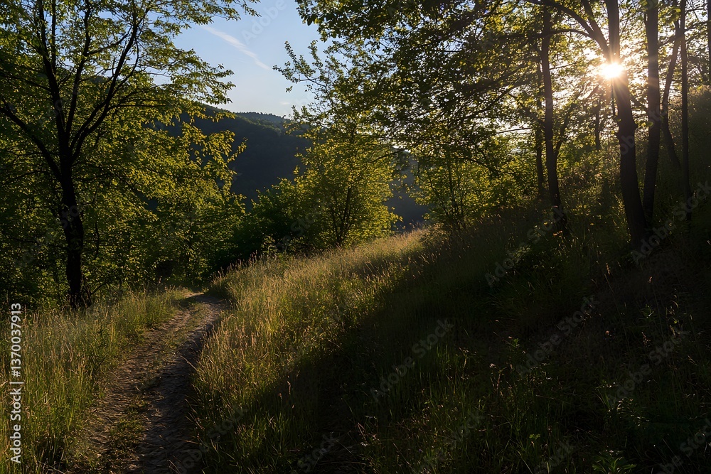 Obraz premium Sun shines through trees by a grassy hillside trail. Nature abounds