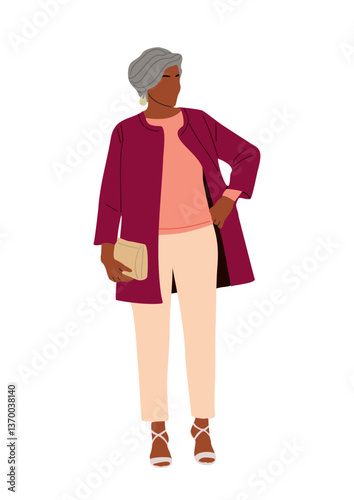 Stylish senior business woman standing, wearing smart casual autumn office outfit. Aged pretty woman cartoon character vector realistic illustration isolated