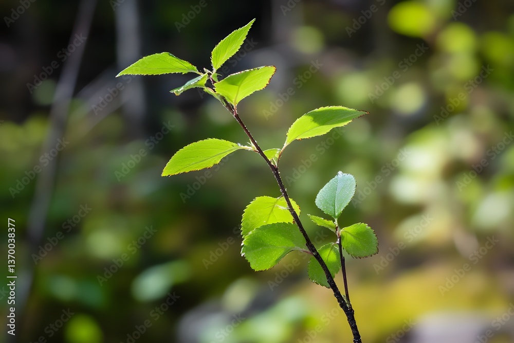 Obraz premium Sunlight shines through small, vibrant leaves on thin, dark stems