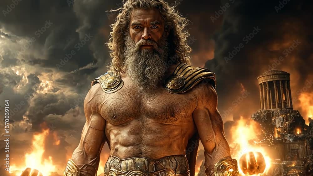 Powerful god holding fire, ancient city background. Possible stock photo use