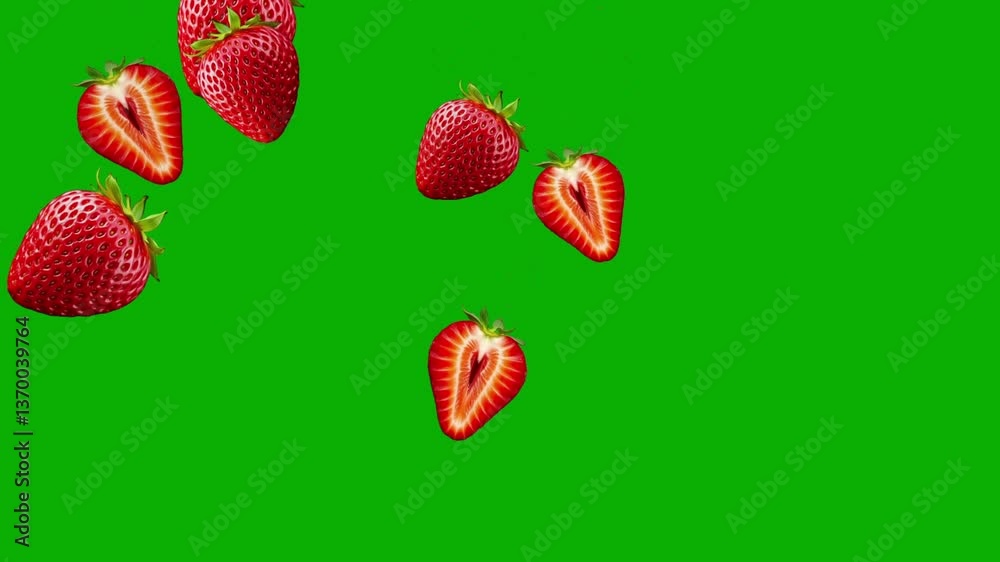 Falling strawberries motion graphics with green screen background