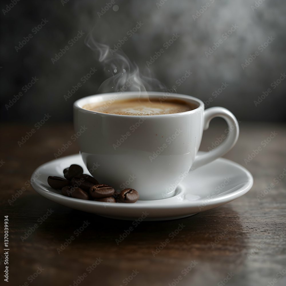 Steaming Coffee Cup with Coffee Beans: Cozy Morning Vibes Steaming Coffee Cup with Coffee Beans: Cozy Morning Vibes