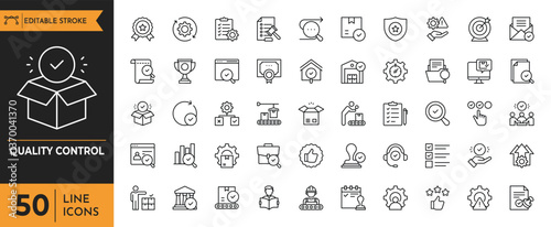 Quality control icon set. Containing Quality check, production, evaluation, checked, testing, assurance, inspection and more. editable stroke. vector illustration
