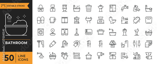 Bathroom icon set. Containing Washbasin, Closet, Shower, Wc, Plumbing, Mirror, Tap, Trash, Bath, Hygiene, Shampoo, Tap, Towel, and more. vector illustration