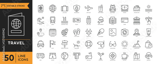 Travel icon set. Travel and vacation icon. Contains Vacation, Tourist, Transport, Camping, Flight, Hiking, Hotel, Map, Dining, Outdoors, and more. editable stroke. Vector illustration