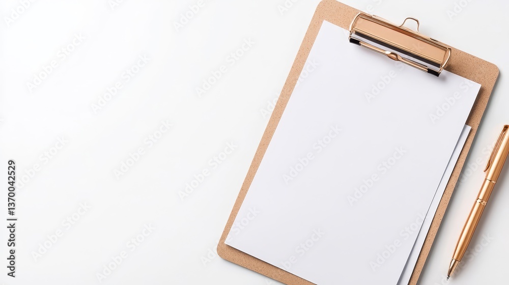 Blank Clipboard with Paper and Golden Pen on a Clean Surface Blank Clipboard with Paper and Golden Pen on a Clean Surface