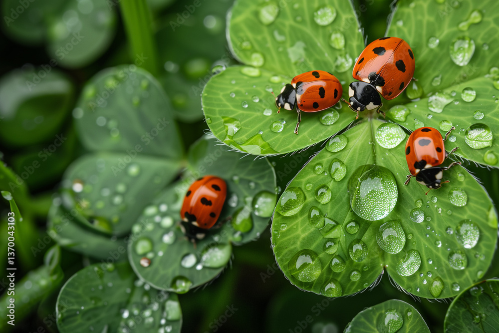 Fototapeta premium Ladybugs on ladders with dew. 