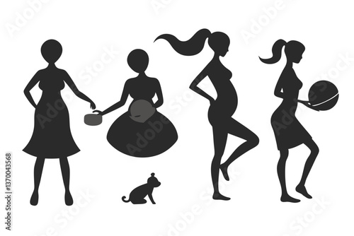 set of Pregnant women activity silhouette vector illustration