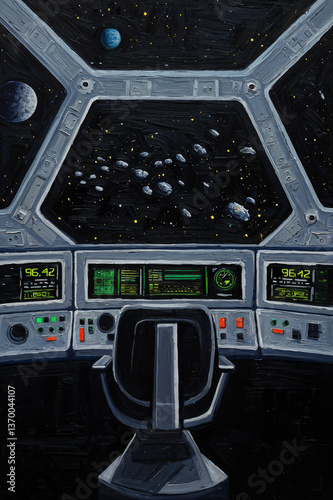 The cabin of the spaceship. The painting is done in oil on canvas. Handmade work. There are age-related cracks on the coating.
