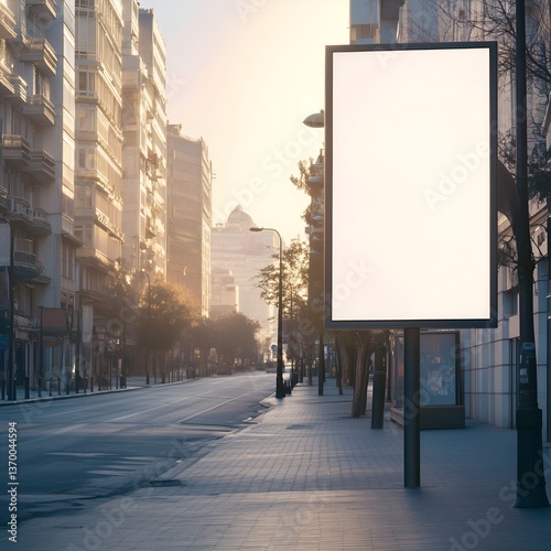 blank white billboard on the side of a city road in the morning