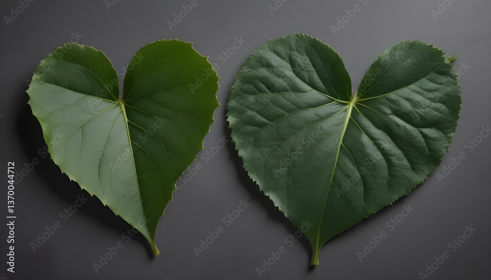 Obraz premium Two leaves, one green and one dark green, are arranged to form a heart shape on a gray background. The green leaf is on the left and the dark green leaf is on the right