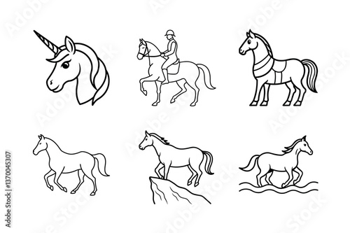 Vector Line Art Collection of Horses and a Unicorn