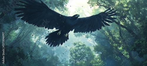  A majestic Amazonian eagle swooping down from the sky, its talons extended as it hunts its prey among the dense forest below. 