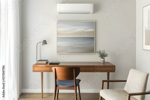 Modern home office setup with wooden desk, chair, artwork and lamp for remote work and study