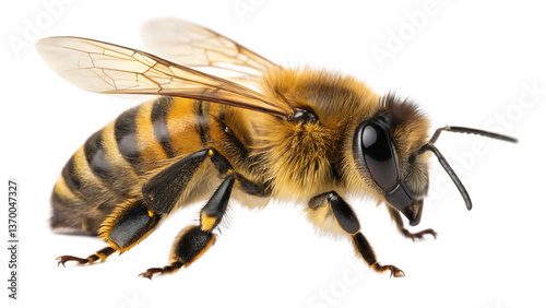 Honey bee insect macro close-up detailed wings striped black yellow fuzzy body. Pollination nature wildlife flying bug. Apis mellifera ecology environment isolated transparent background