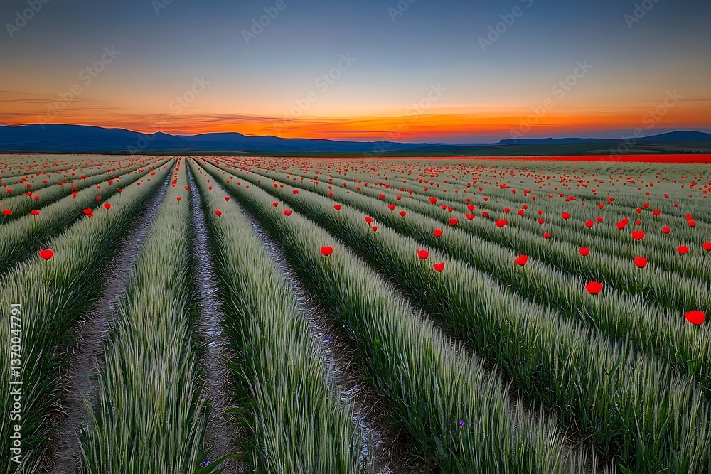 Expansive field of striking red flowers stretching as far as the eye can see under blue sky Expansive field of striking red flowers stretching as far as the eye can see under blue sky