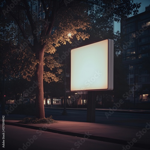 Blank illuminated billboard on a city sidewalk at night, surrounded by tall modern buildings and trees.suitable for advertisement mockups, business promotions, or visual design presentations.