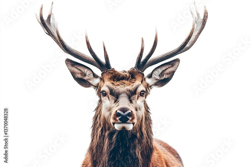  A majestic stag with impressive antlers, standing regally against a white background. 