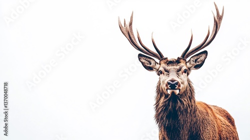  A majestic stag with impressive antlers standing proudly against a white backdrop. 