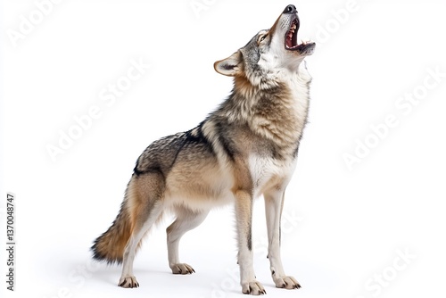  A majestic wolf howling, with a powerful stance on a white backdrop. 