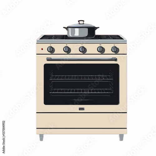 Vintage Compact Four Burner Gas Stove with Saucepan, Beige, Transparent Background