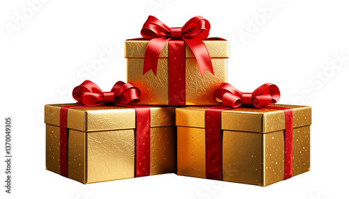 Gold gift boxes png red ribbon bow luxury present stack. Shiny metallic wrapping festive celebration. Elegant holiday surprise Christmas New Year birthday anniversary wedding party decoration isolated