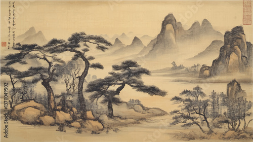 traditional chinese landscape wash painting on old vintage silk paper