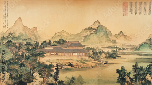 traditional chinese landscape wash painting on old vintage silk paper