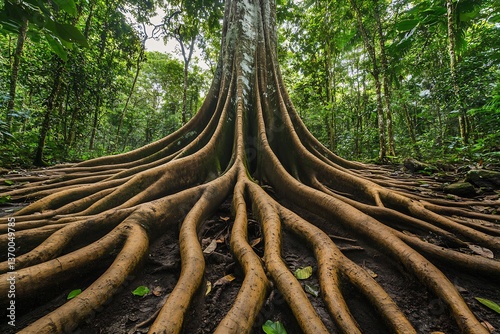  A massive tree in the Amazon rainforest, its roots snaking through the forest floor while its thick branches support a vibrant ecosystem of birds and plants. 