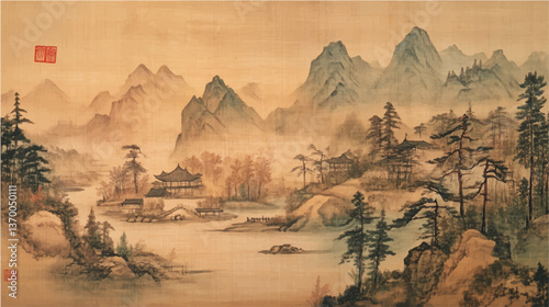 traditional chinese landscape wash painting on old vintage silk paper