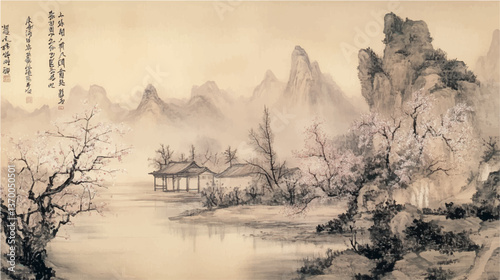 traditional chinese landscape wash painting on old vintage silk paper