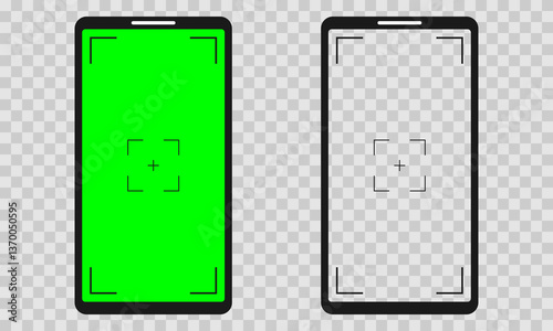 Smartphone camera interface with green screen overlay. Minimalist vector illustration of a smartphone camera interface with a green screen and checkered background